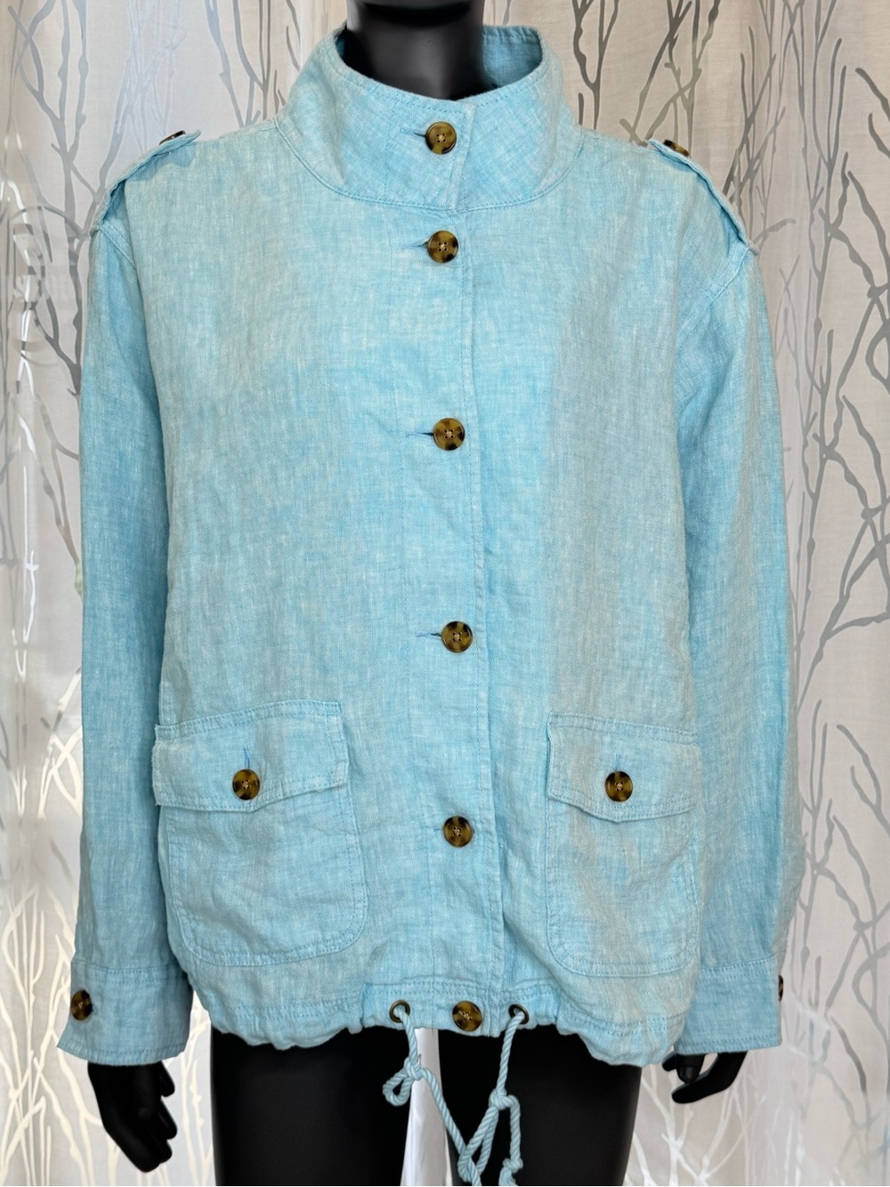 Talbots Washed 100% Linen Button Up Cargo Jacket Light Blue Women’s Size 1X NWT